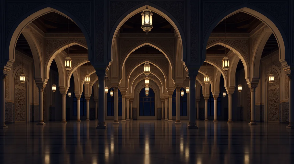 Interior masjid pada malam hari dengan deretan lengkung dan lampu kuningan gantung, ilustrasi untuk bagian Kesalahan Bacaan Sholat yang Sering Terjadi