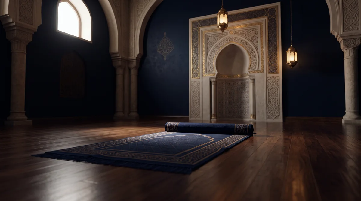 Sajadah terbuka menghadap mihrab dengan cahaya lembut dari jendela tinggi, ilustrasi untuk bagian Makna dan Kandungan Doa Qunut