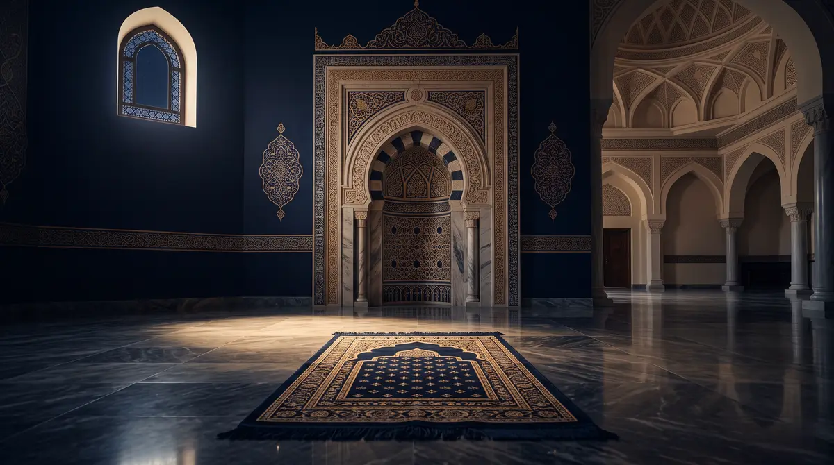 Sajadah terbuka menghadap mihrab dengan cahaya lembut dari jendela tinggi, ilustrasi untuk bagian Waktu yang Dianjurkan dan Waktu Terlarang untuk Sholat
