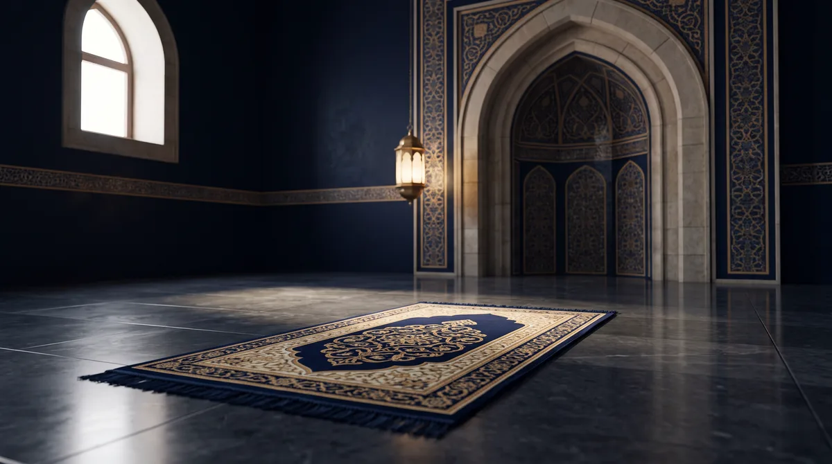 Sajadah terbuka menghadap mihrab dengan cahaya lembut dari jendela tinggi, ilustrasi untuk bagian Bacaan Tahiyat Akhir Lengkap Arab, Latin, dan Artinya