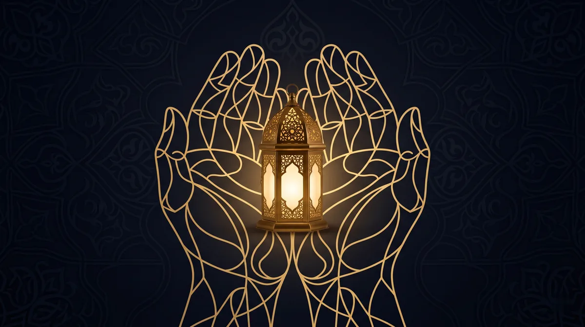 Dua tangan terbuka bergaya garis emas abstrak dengan lentera hangat di antaranya, ilustrasi untuk bagian Doa untuk Orang yang Meninggal