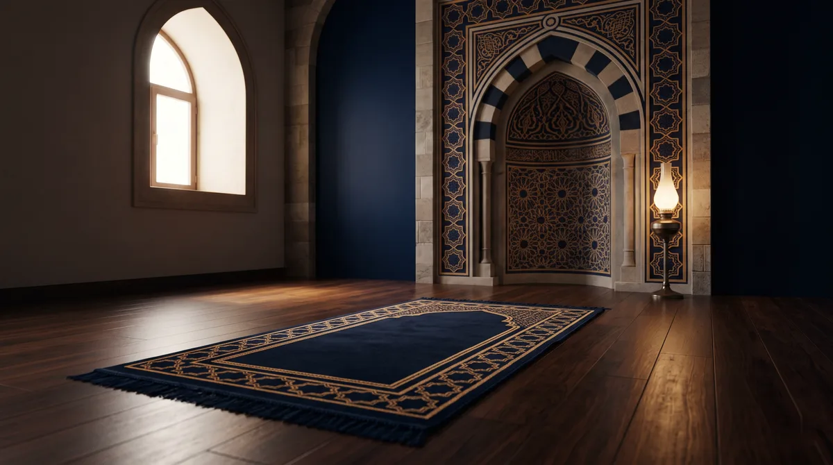 Sajadah terbuka menghadap mihrab dengan cahaya lembut dari jendela tinggi, ilustrasi untuk bagian Urutan Bacaan Ziarah Kubur dari Salam sampai Doa