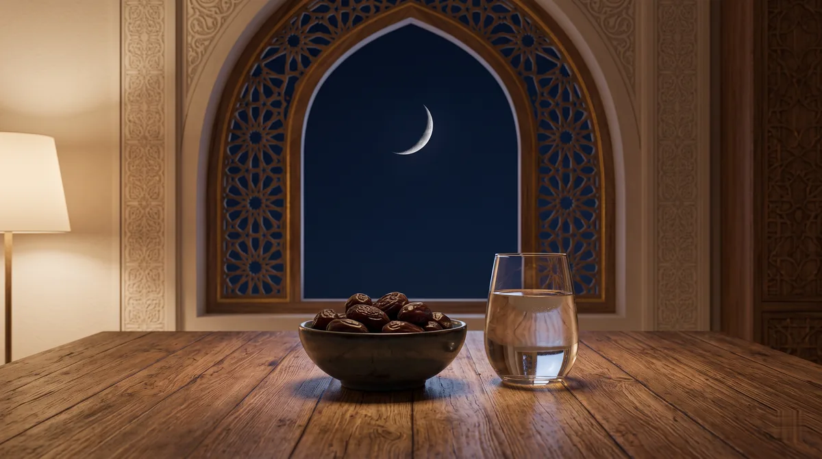 Meja kayu dengan semangkuk kurma dan segelas air menjelang berbuka, ilustrasi untuk bagian Bacaan Niat Puasa Ganti (Qadha)
