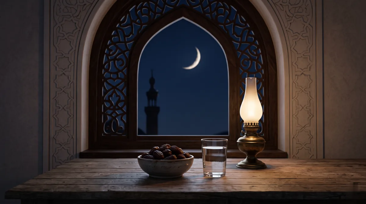Meja kayu dengan semangkuk kurma dan segelas air menjelang berbuka, ilustrasi untuk bagian Bacaan Niat Puasa Nisfu Syaban: Arab, Latin, dan Artinya