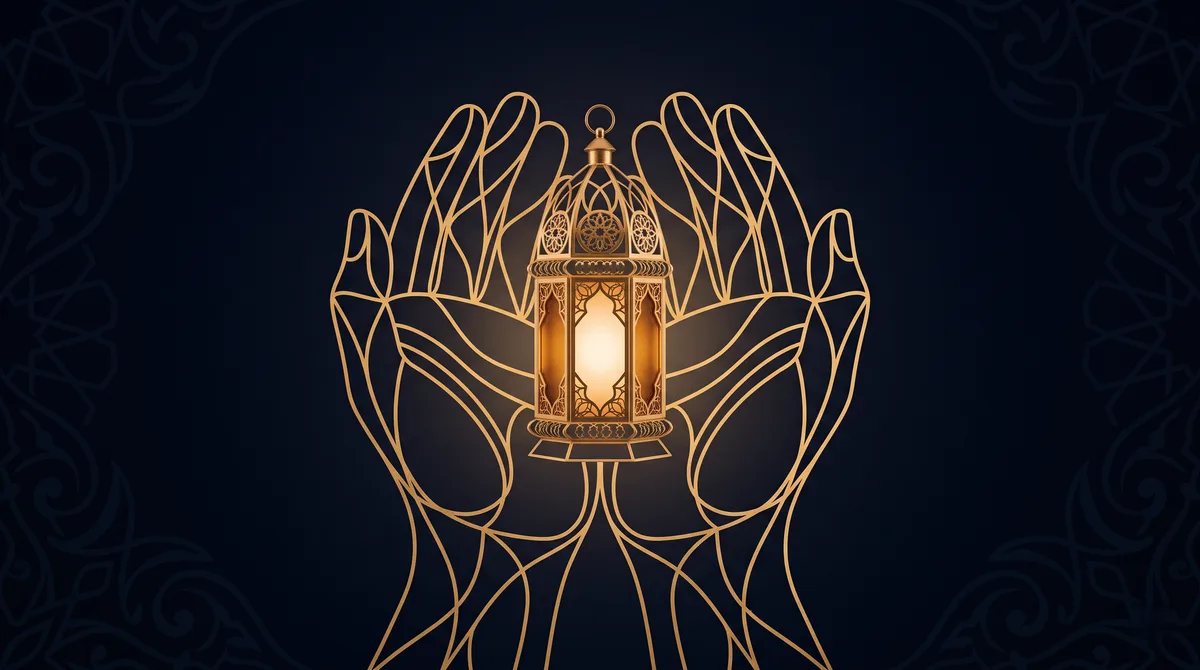 Dua tangan terbuka bergaya garis emas abstrak dengan lentera hangat di antaranya, ilustrasi untuk bagian Doa Malam Nisfu Syaban dan Cara Mengamalkannya