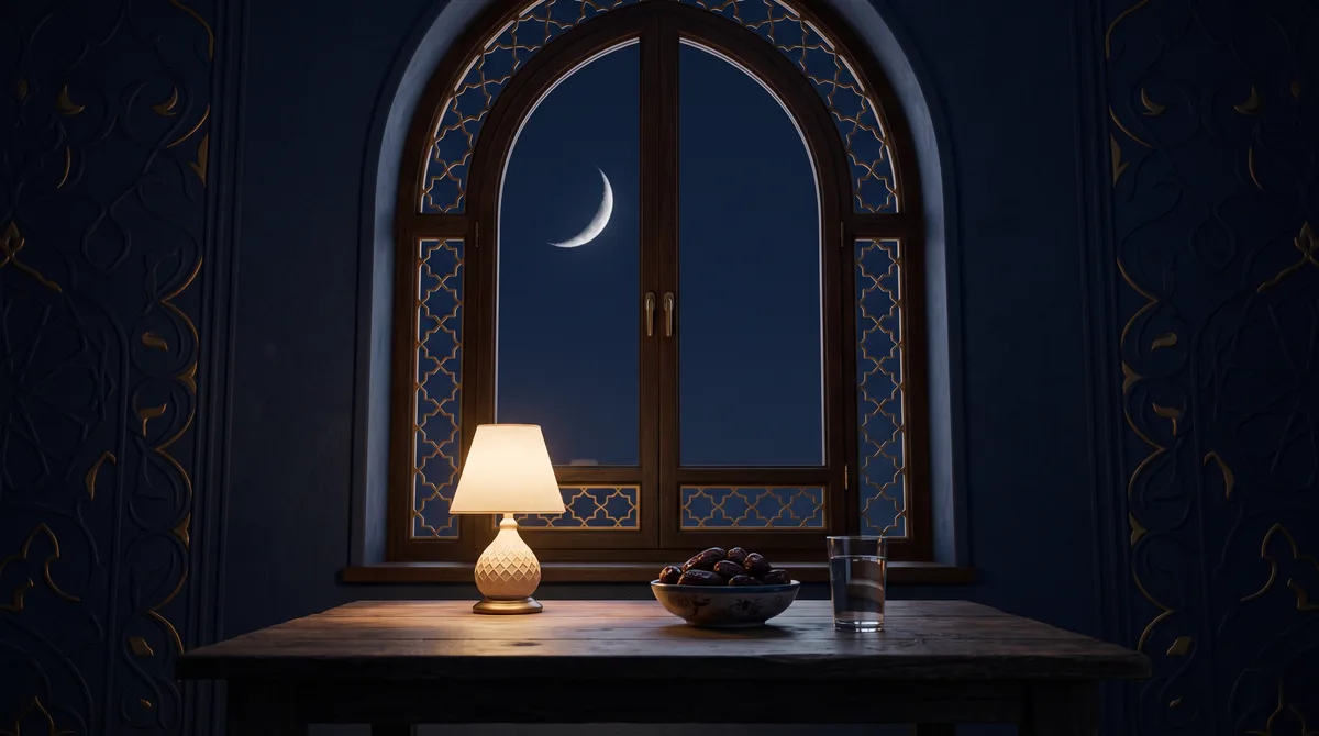 Meja kayu dengan semangkuk kurma dan segelas air menjelang berbuka, ilustrasi untuk bagian Bacaan Niat Puasa Rajab: Arab, Latin, dan Artinya