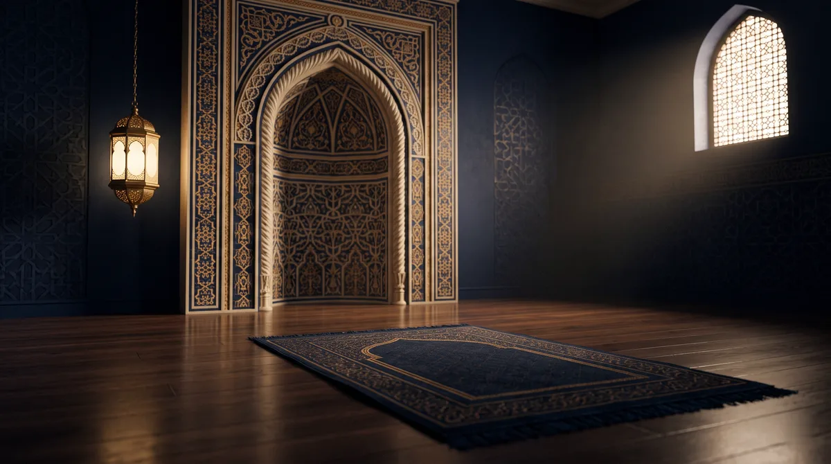 Sajadah terbuka menghadap mihrab dengan cahaya lembut dari jendela tinggi, ilustrasi untuk bagian Bacaan Niat Sholat 5 Waktu Lengkap
