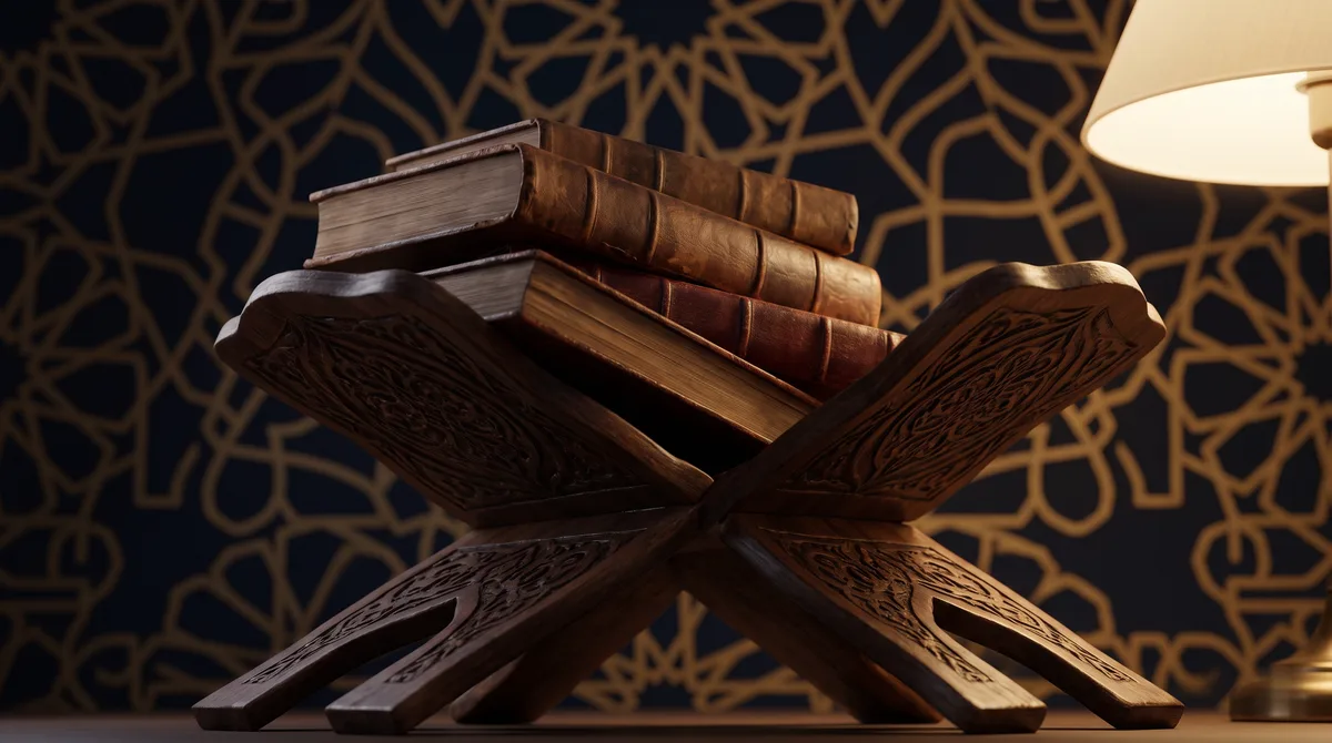 Tumpukan kitab bersampul kulit tertutup di atas rehal kayu berukir, ilustrasi untuk bagian Khutbah Idul Fitri dan Hukum Mendengarkannya