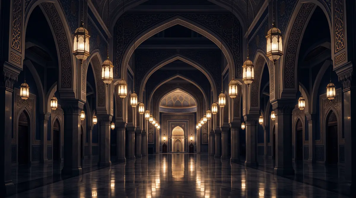 Interior masjid pada malam hari dengan deretan lengkung dan lampu kuningan gantung, ilustrasi untuk bagian Delapan Golongan Penerima Zakat Fitrah