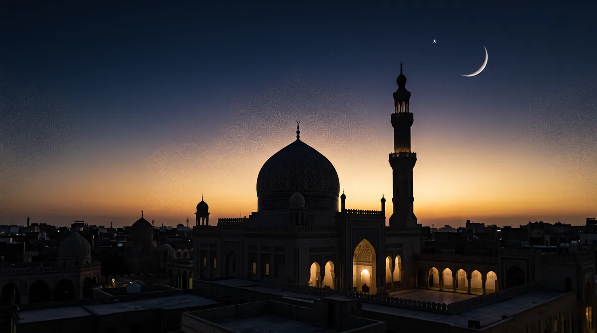 Langit bergradasi dari malam ke fajar di atas siluet kubah masjid, ilustrasi untuk bagian Waktu, Penerima, dan Cara Membayar